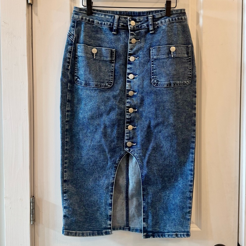 Flamingals Split Hem Button Up Midi Stretchy Deni… - image 7